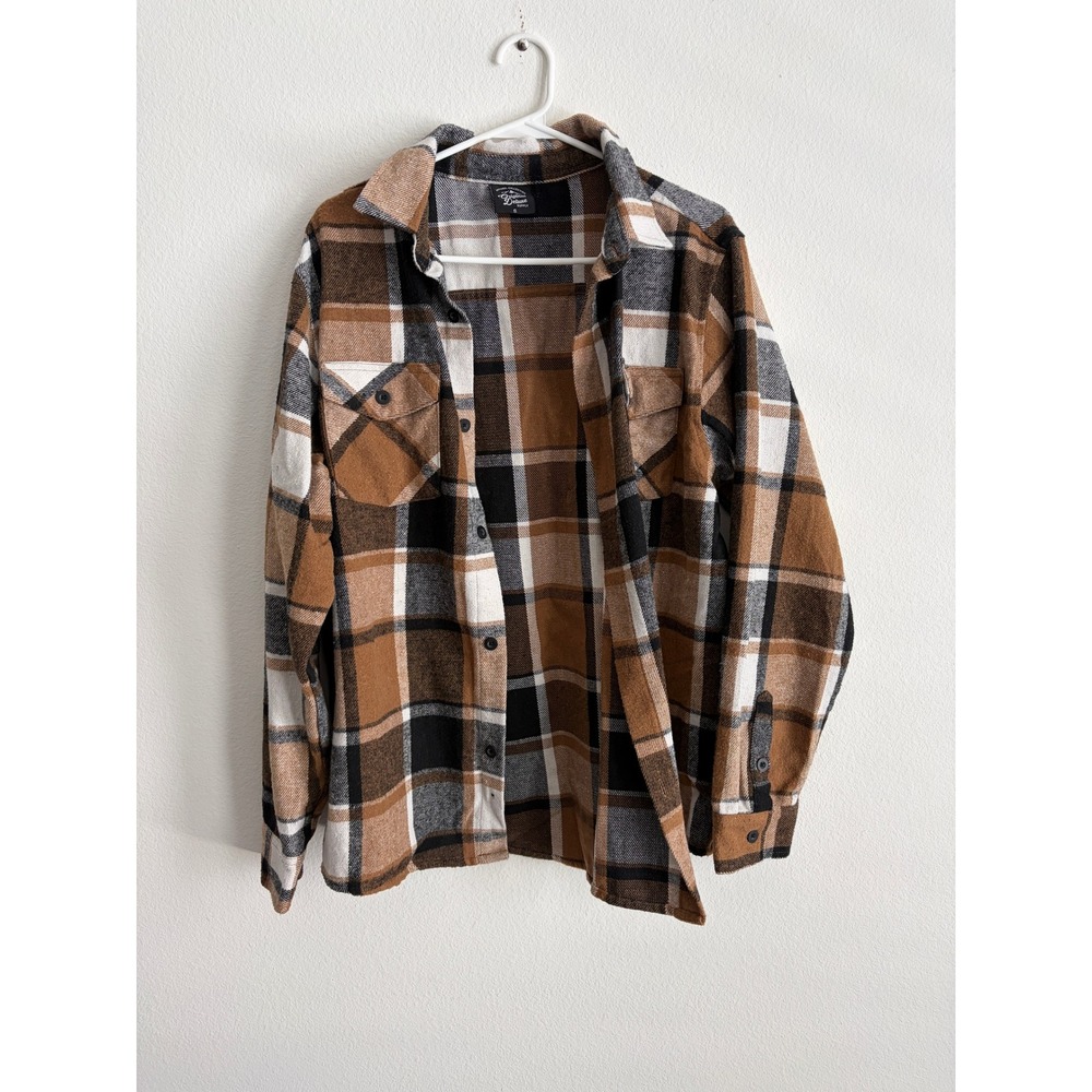 Original Deluxe Supply Mens Plaid Flannel Shirt Brown Black White Small
